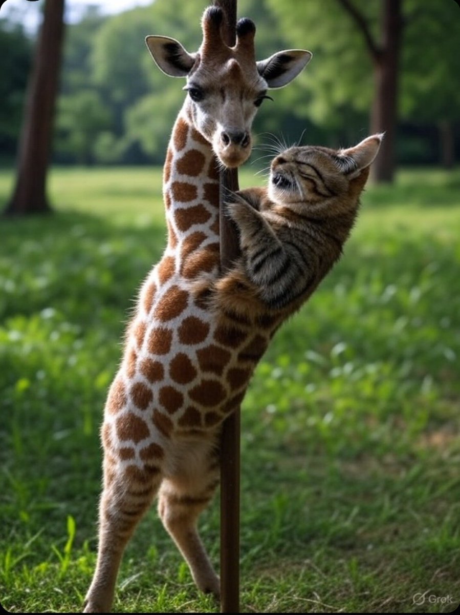 キリンとその兄弟のシャム猫がポールダンスをしている。🐱🦒