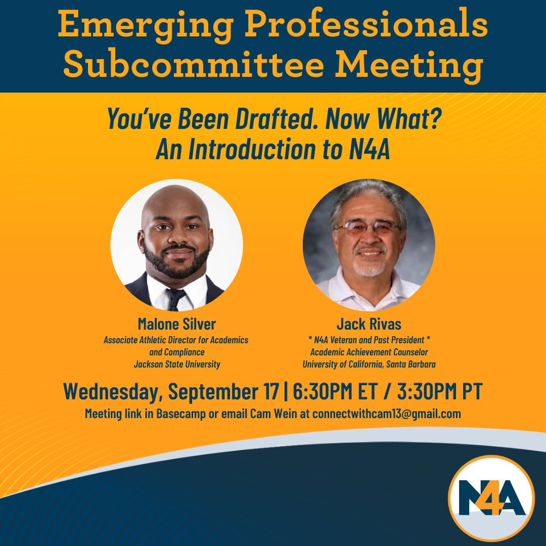 The countdown is on for the 1st Emerging Professionals Subcommittee Meeting of the year!

📅 Wednesday, September 17 
📷 6:30PM ET / 3:30PM PT 
📍Meeting link in Basecamp or email Cam Wein ⤵️
 🔎You've Been Drafted. Now What? An Introduction to N4A 

#N4A2025
