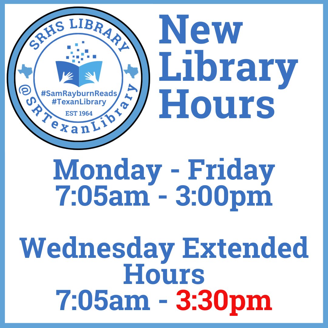 SRTexanLibrary's tweet image. Change in Library Hours.
Due to a lack of interest the library will now close at 3:30 on Wednesdays.
#TexanLibrary