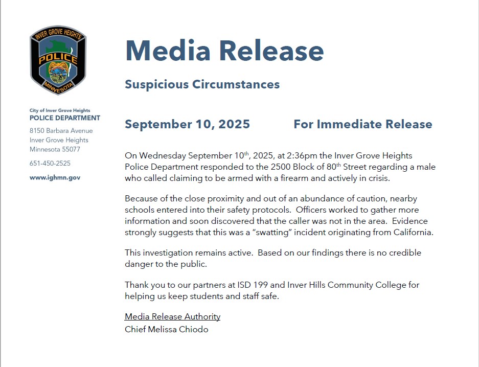 Please see the attached medial release for an event that took place on 9/10/25.  THank you and be safe!