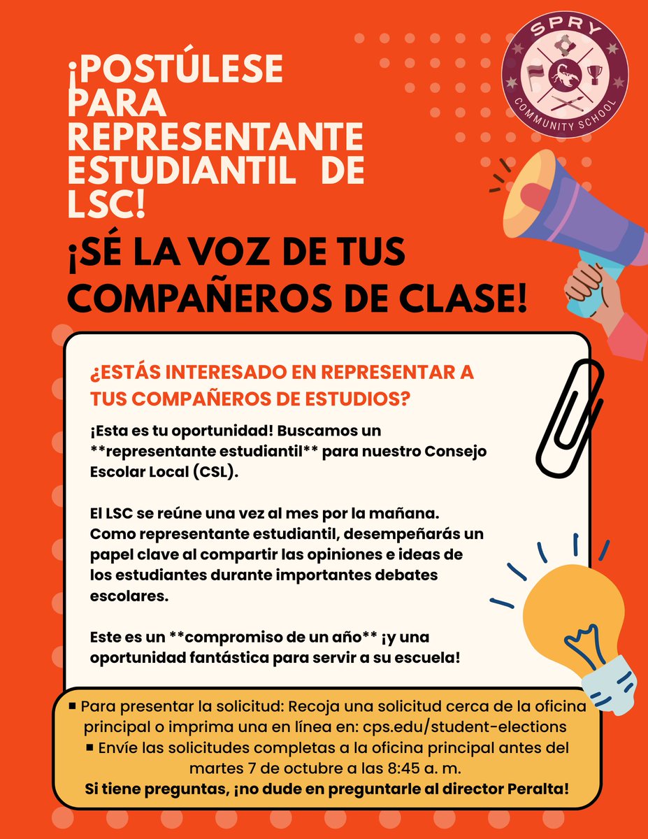 John Spry Community School (@cpsspry) on Twitter photo 📣 Spry students, the LSC needs YOU!
Run for Student Rep and be the voice of your classmates. 🗣️
Apply today 👉 cps.edu/student-electi… 📣 Spry students, the LSC needs YOU!
Run for Student Rep and be the voice of your classmates. 🗣️
Apply today 👉 cps.edu/student-electi…