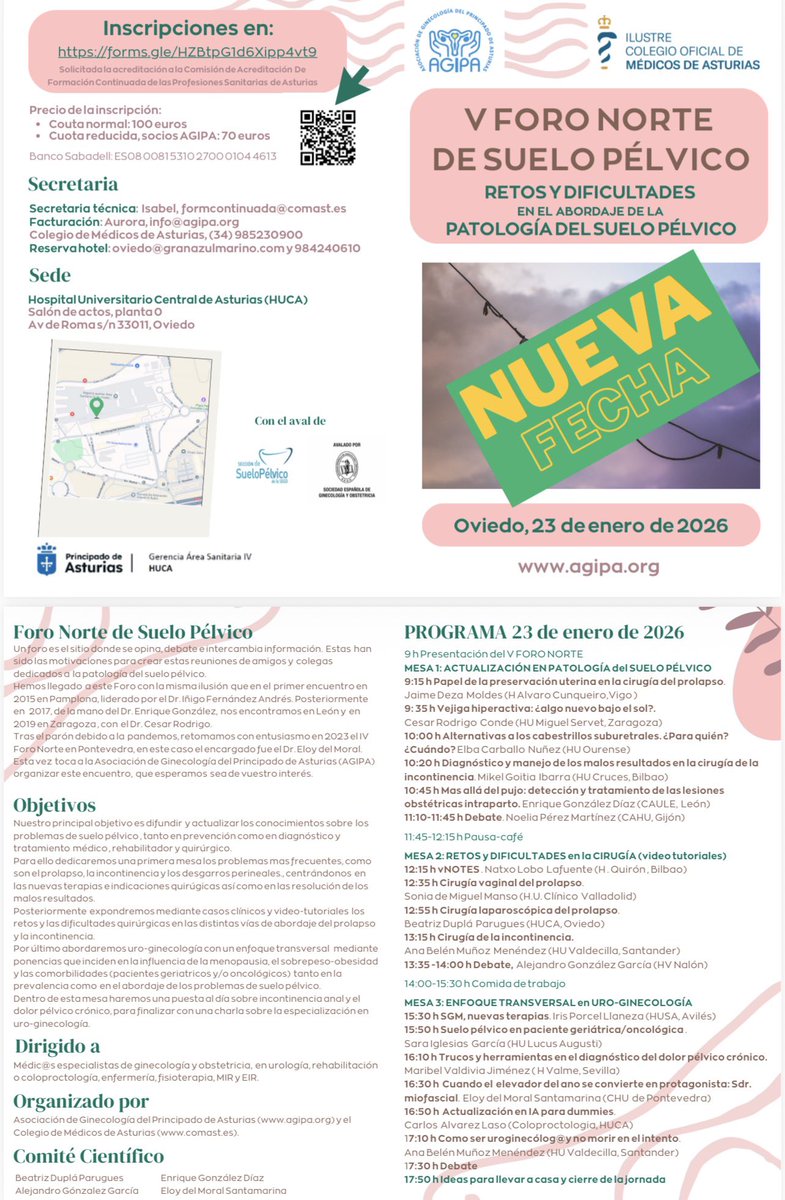 🔔 ¡Atención!
El V Foro Norte de Suelo Pélvico cambia de fecha debido a la convocatoria de huelga médica.
📅 Nueva fecha: 23 de enero de 2026
📍 HUCA – Oviedo

✅ Si ya estabas inscrito, tu plaza está confirmada.
Inscripciones 👉 forms.gle/HZBtpG1d6Xipp4…
#SueloPélvico #AGIPA