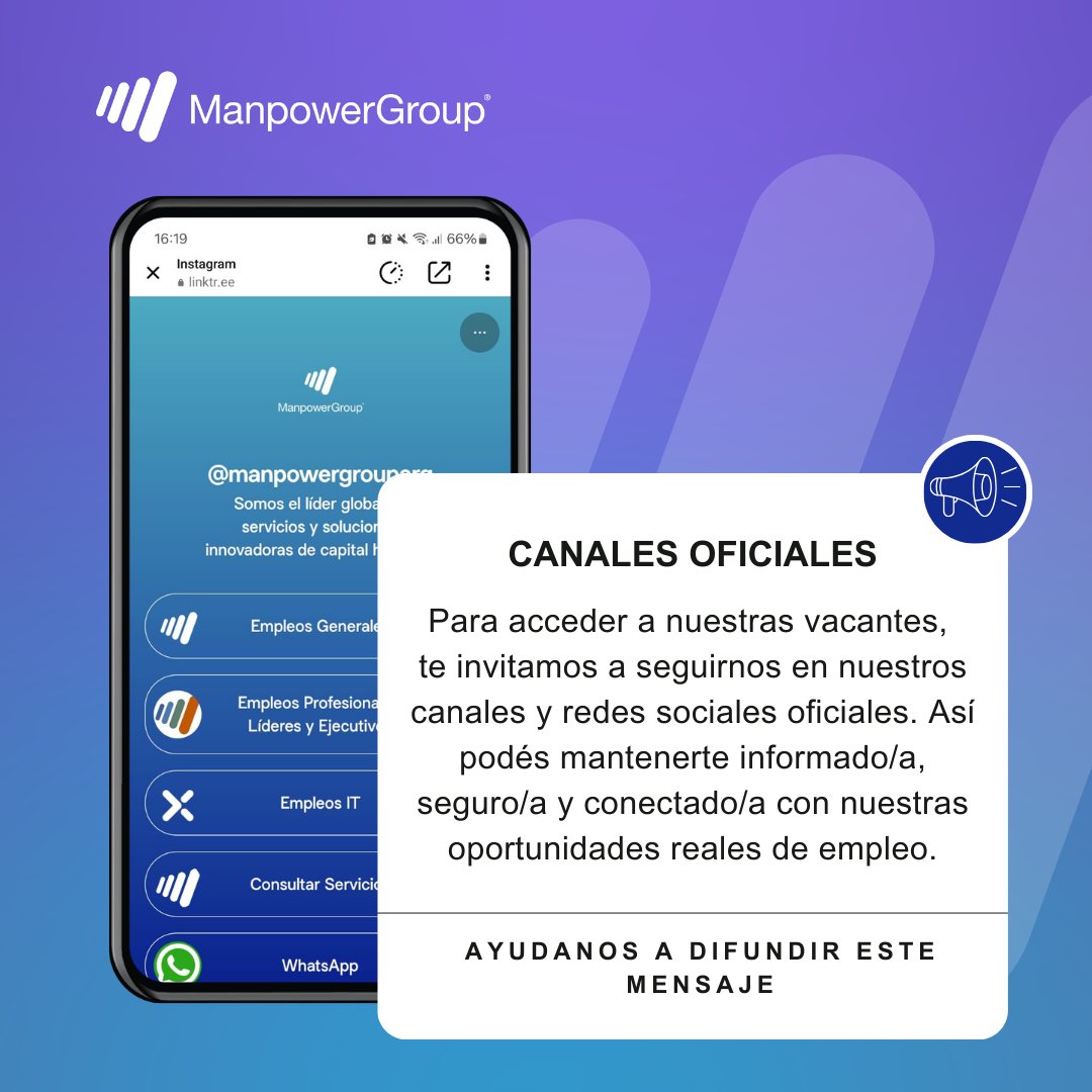 🚨 ¡Atención! Evitá caer en estafas. 📣Aclaramos que en nuestros procesos de selección 𝐛𝐚𝐣𝐨 𝐧𝐢𝐧𝐠𝐮𝐧𝐚 𝐜𝐢𝐫𝐜𝐮𝐧𝐬𝐭𝐚𝐧𝐜𝐢𝐚 𝐬𝐨𝐥𝐢𝐜𝐢𝐭𝐚𝐦𝐨𝐬 𝐝𝐢𝐧𝐞𝐫𝐨 𝐧𝐢 𝐩𝐚𝐠𝐨𝐬 𝐝𝐞 𝐧𝐢𝐧𝐠𝐮𝐧 𝐭𝐢𝐩𝐨 𝐚 𝐧𝐮𝐞𝐬𝐭𝐫𝐨𝐬 𝐜𝐚𝐧𝐝𝐢𝐝𝐚𝐭𝐨𝐬/𝐚𝐬.
#ManpowerGroupAR