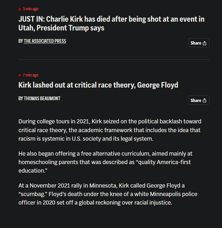 <a href="/AP/">The Associated Press</a> fuck you. Was trying to keep up with the latest condition of Charlie Kirk and you fell like this is the time to write about this?!?