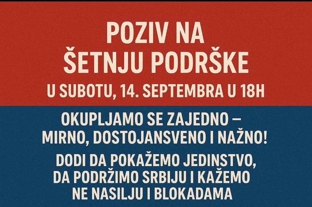 14. septembra u 18h, svi zajedno! 🇷🇸
Mirno, dostojanstveno, snažno.
Za Srbiju bez nasilja i blokada. ✊

#srbijaprotivblokada #caosvima