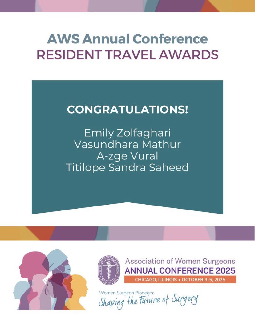 ej_zolfaghari's tweet image. Thrilled to share that I’ve been selected for the @WomenSurgeons Travel Award! Grateful for the opportunity to attend the AWS Conference in Chicago and connect with inspiring women ✨💪🏼! #AWS2025 @AmCollSurgeons @WomenInThoracic @YaleSurgery @YaleSurgRes @YaleThoracic @NM_CTSurg