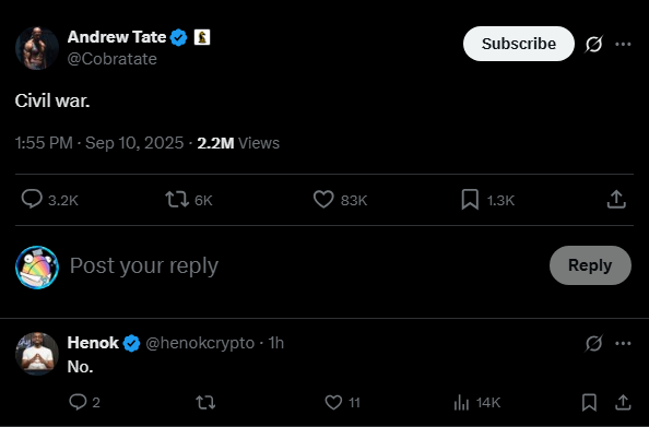 Andrew Tate calls for civil war on his X profile after the news of Charlie Kirk, 31, being shot and killed.

Conservative activists and others are upset, posting their reactions to the tragic events.

Do you condone Tate's statements of civil war?