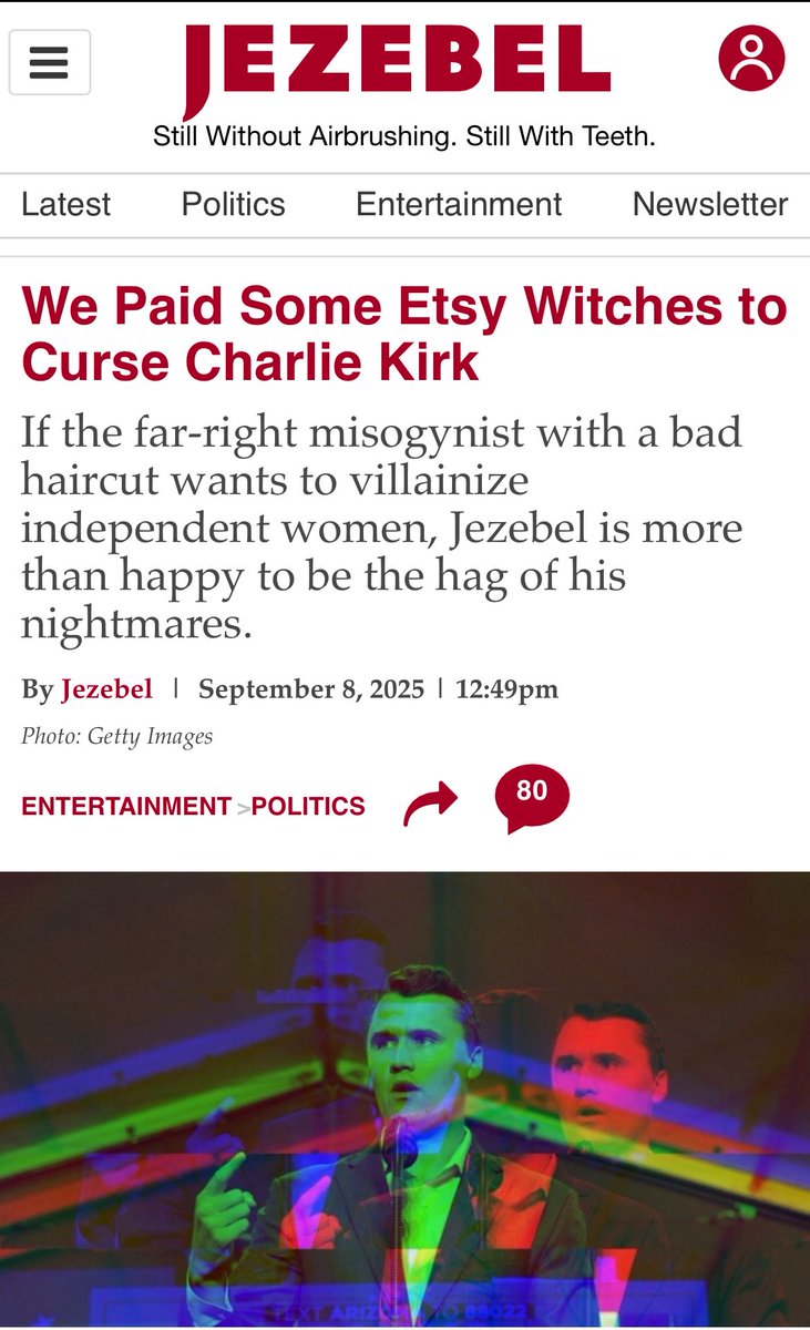 LauraPowellEsq's tweet image. Two days ago, this outlet promoted paying a witch to curse Charlie Kirk to make him be on the receiving end of hatred.

Now they disavow themselves of the consequences of their rhetoric.

The media has blood on its hands.