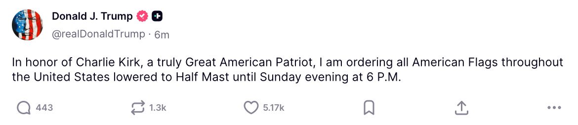 Defence_Index's tweet photo. 🚨UPDATE: President Donald Trump orders all American flags in the U.S. to be lowered to half-mast until Sunday at 6 P.M. in honor of Charlie Kirk. https://t.co/iqUMf0cSe3