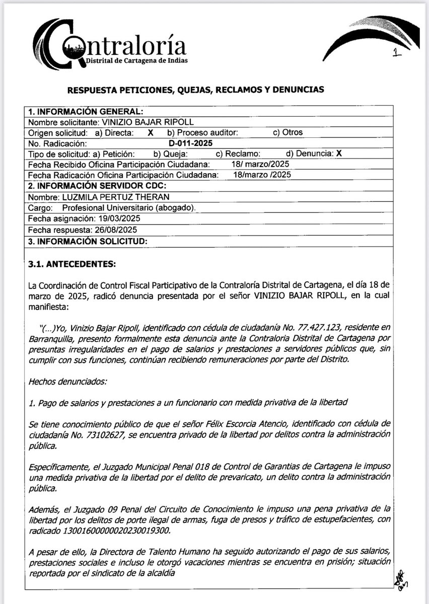 pereajacque's tweet photo. Funcionario del DADIS recibió pagos mientras estaba preso:

Con hallazgos con incidencia fiscal y disciplinaria la @ContraloriaCTG 
estableció un hallazgo administrativo con presunta incidencia fiscal y disciplinaria, y anunció el traslado del informe a la Procuraduría Provincial de Cartagena y a la Oficina de Control Disciplinario del Distrito.

Un nuevo escándalo sacude a la @AlcaldiaCT, tras revelarse que la Dirección Administrativa de Talento Humano continuó realizando pagos salariales y prestacionales al funcionario Félix Augusto Escorcia Atencio, adscrito al Departamento Administrativo Distrital de Salud (DADIS), a pesar de encontrarse privado de la libertad por delitos contra la administración pública.
Según el informe D-011-2025 de la Contraloría Distrital de Cartagena, el señor Escorcia Atencio, recibió más de 59 millones de pesos entre mayo de 2024 y marzo de 2025, incluyendo primas y vacaciones, mientras enfrentaba una medida de aseguramiento en reclusión carcelaria. El pago se mantuvo incluso después de que el jefe inmediato del funcionario, Alex Tejada, informara sobre la situación a Talento Humano, y el abogado Vladimir González fuera asignado por Milton Pereira para representar al Distrito como parte civil en el proceso penal.
Esta omisión administrativa y conflicto de competencias, lo revela el informe que, aunque el DADIS alertó en mayo y julio de 2024 sobre la situación judicial del funcionario, Talento Humano no suspendió los pagos hasta abril de 2025, cuando finalmente se expidió la resolución correspondiente.

No entiendo cómo solo se vincula al director del @DadisCartagena, y a la directora de talento humano, y no a @dumek_turbay, siendo este último el nominador. Está claro en la norma que la delegación de funciones no te absuelve de la responsabilidad. 

PD: Este caso y otros, los explicaré en más detalles en vídeo. Estoy a la espera de información. Por el momento dejo esto para que estén al tanto. Si no lo hacen ellos público, lo hago yo.