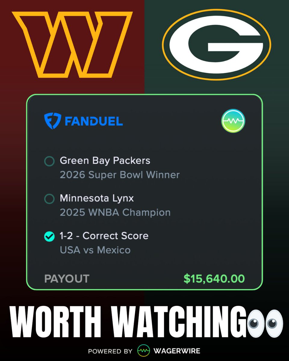 Lynx are +115 favorites 🏀 

Packers just bullied the Lions 🧀 

With a #TNF win over the Commanders, this +1835 ticket could explode in value 📈

Now worth $808 — Track it👇:
wagerwire.com/calculator/9ea…