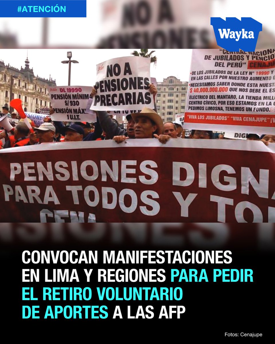 WaykaPeru's tweet image. Las manifestaciones están programadas para este sábado 13 en Lima desde las 9:00 a. m. en la Plaza San Martín, Piura a las 3:00 p. m. en parque Infantil, Trujillo a las 3:00 p. m. en la Plaza Mayor y en Puno a las 3 p.m. en el parque Pino. Uno de los reclamos principales es que…