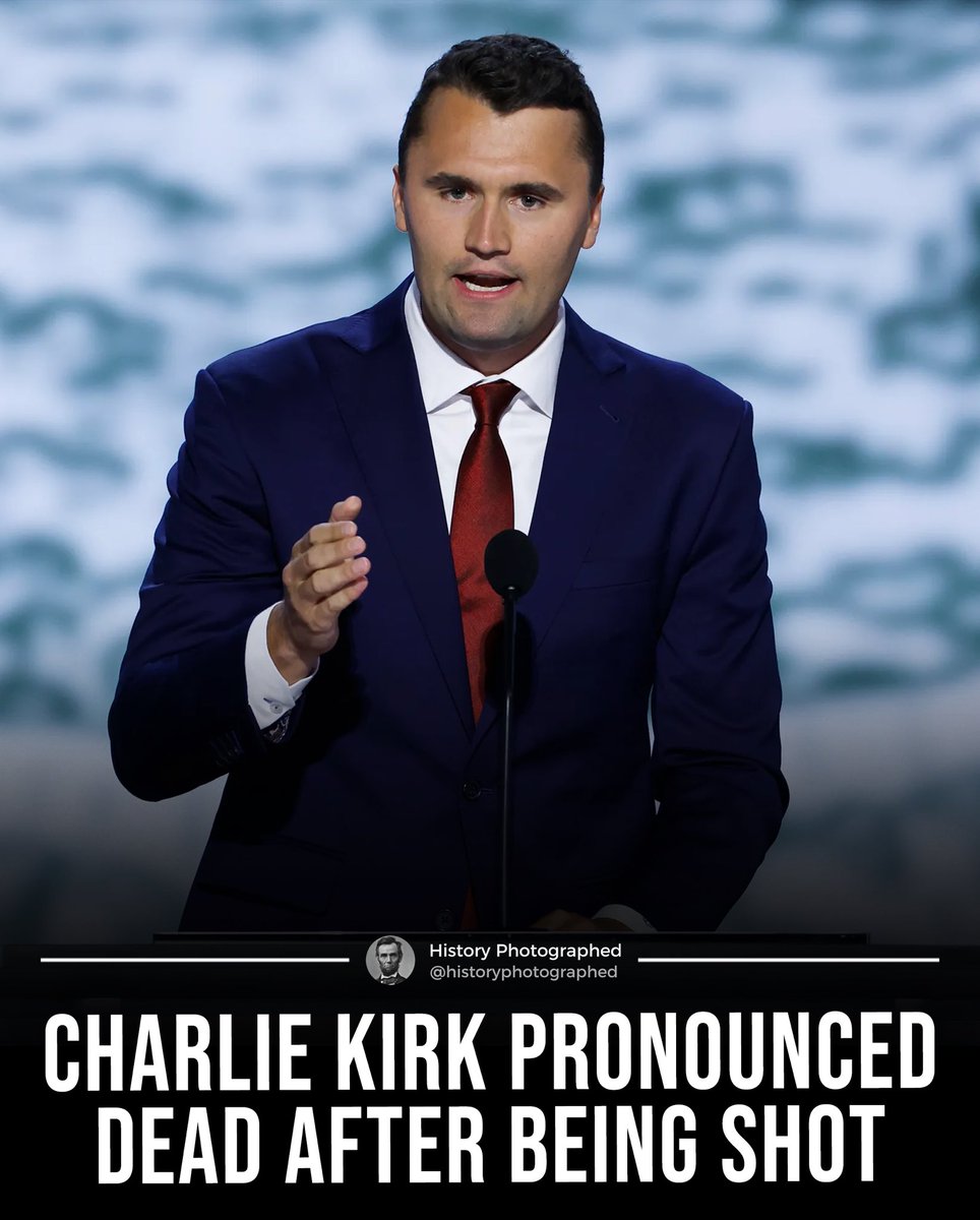 HistoryInPics's tweet photo. Charlie Kirk, conservative activist and founder of Turning Point USA, has died at age 31 after being shot during an event at Utah Valley University on September 10, 2025. 

The shot, fired from about 200 yards away, struck him in the neck while he was hosting his “Prove Me Wrong” booth. 

He was rushed to the hospital but did not survive.