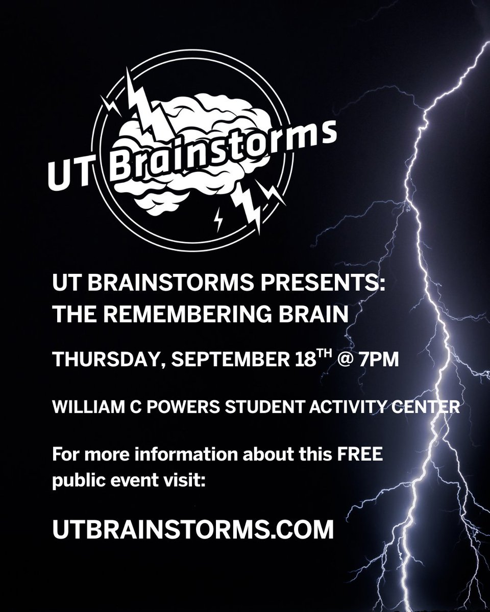 ut_neuroscience's tweet photo. We’re so excited to for UT Brainstorms next week on 9/18 @ 7pm!  Response has been tremendous and we have CHANGED VENUES to accommodate the turnout.  Please visit https://t.co/c4mis0ZNFa for updated details! https://t.co/Kwzm6fc6KO