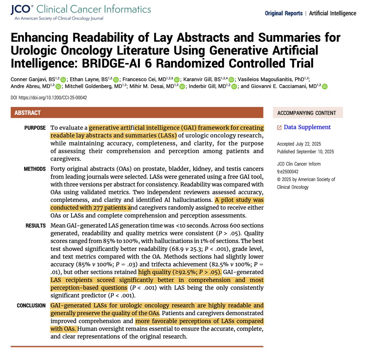Dr. Giovanni E Cacciamani MD MSc FEBU ๐ฎ๐น๐บ๐ธ๐ช๐บ (@cacciamani_md) on Twitter photo ๐ขProud to share our new study in <a href="/JCO_ASCO/">Journal of Clinical Oncology</a> CCI : the first #RCT on the impact of GAI-generated patient-friendly materials (via <a href="/Pub2Post/">Pub2Post</a>) on understanding urological research!
๐ Readability enhanced: 68.9 vs 25.3 (P<.001)
๐ฅ 277 participants
๐ Quality scores: 85-100%
๐ง  ๐ขProud to share our new study in <a href="/JCO_ASCO/">Journal of Clinical Oncology</a> CCI : the first #RCT on the impact of GAI-generated patient-friendly materials (via <a href="/Pub2Post/">Pub2Post</a>) on understanding urological research!
๐ Readability enhanced: 68.9 vs 25.3 (P<.001)
๐ฅ 277 participants
๐ Quality scores: 85-100%
๐ง