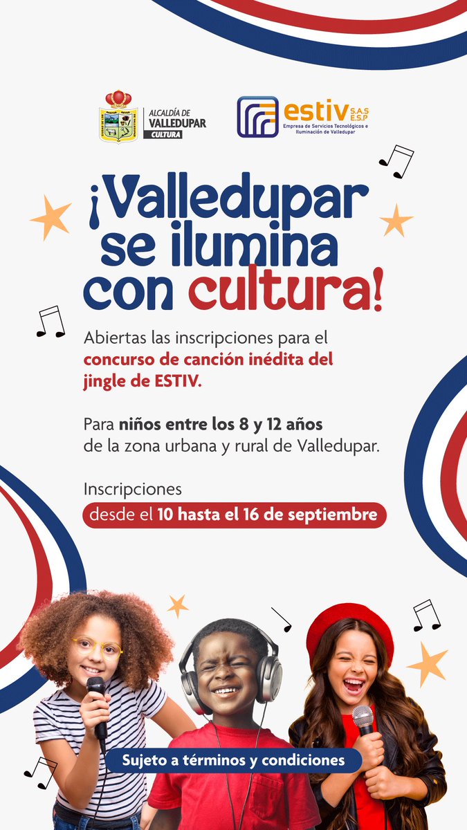 ¿Tienes entre 8 y 12 años y vives en Valledupar?

<a href="/estivsasesp/">ESTIV S.A.S E.S.P</a> y la Oficina de Cultura buscan la próxima canción oficial del alumbrado público del municipio. 

🔗Inscríbete en el link y participa en esta convocatoria única.

docs.google.com/forms/d/19sBdR…