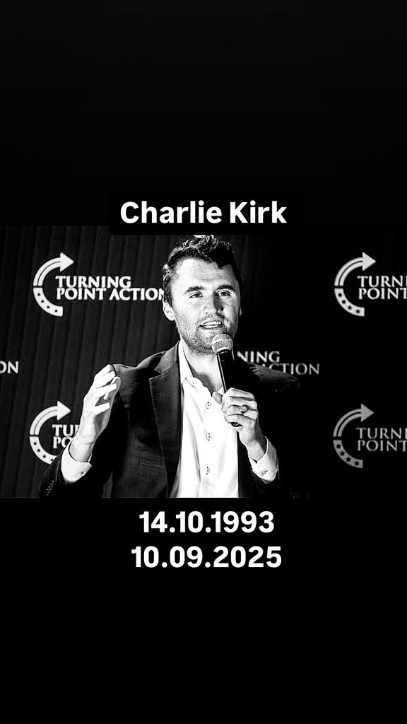 joao_belucci's tweet photo. Foi confirmado o passamento do jovem brilhante Charlie Kirk, aos 31 anos, após ser vítima de mais um atentado praticado pelo “campo progressista”. 

Charlie deixa esposa e dois filhos.

Não há aleatoriedade alguma, há método. https://t.co/jsVZJEz6Ya