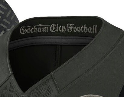 The Jets rivalries uniform has two elements of team branding - the chest patch and the words "Gotham City Football" on the inside collar. I still think they should’ve incorporated something like this on their regular Green, White &amp; Black uniform mix. #Jets #JetUp