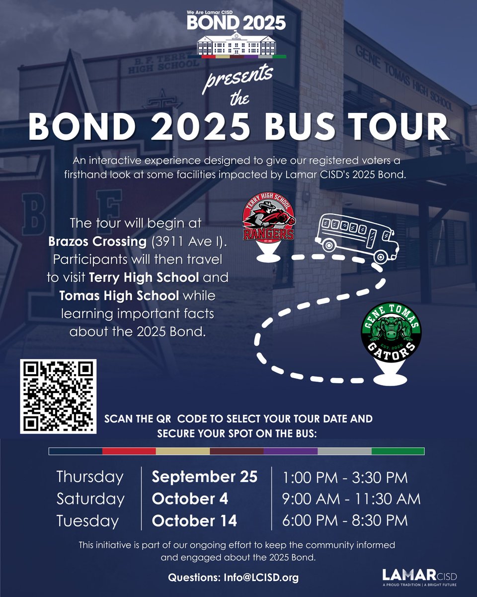LamarCISD's tweet image. 🚌 Hop on the Bond 2025 Bus Tour!
Learn more about the proposed bond & visit key facilities.
📅 Sep 25 | Oct 4 | Oct 14
⏰ Times vary
🔗 Reserve your seat: LCISD.org/Bond2025
#Bond2025 #WeAreLamarCISD