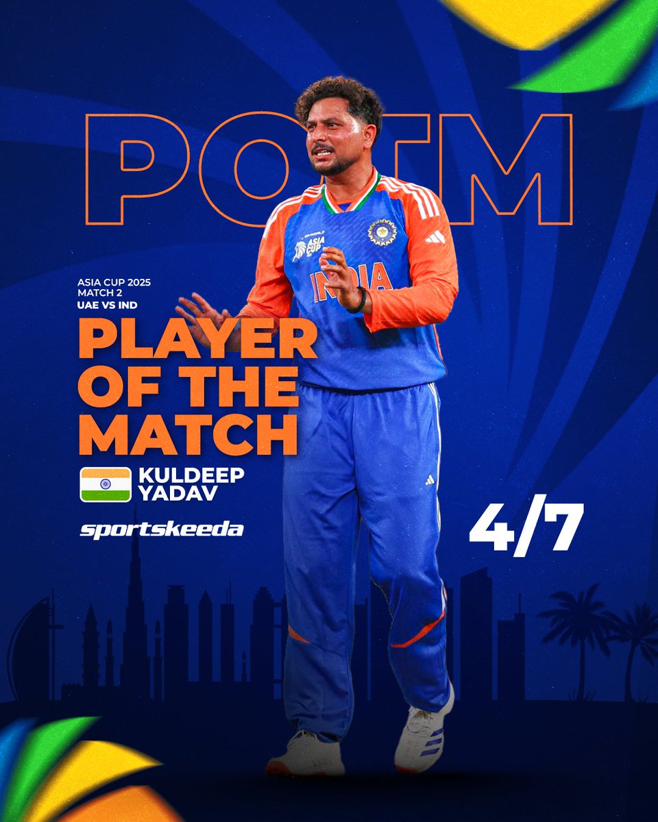 Sportskeeda's tweet photo. Kuldeep Yadav wins the Player of the Match for his brilliant 4/7 against UAE in Dubai! 🇮🇳🎖️

#UAEvIND #Dubai #AsiaCup #Sportskeeda https://t.co/Go0yoyjYuc