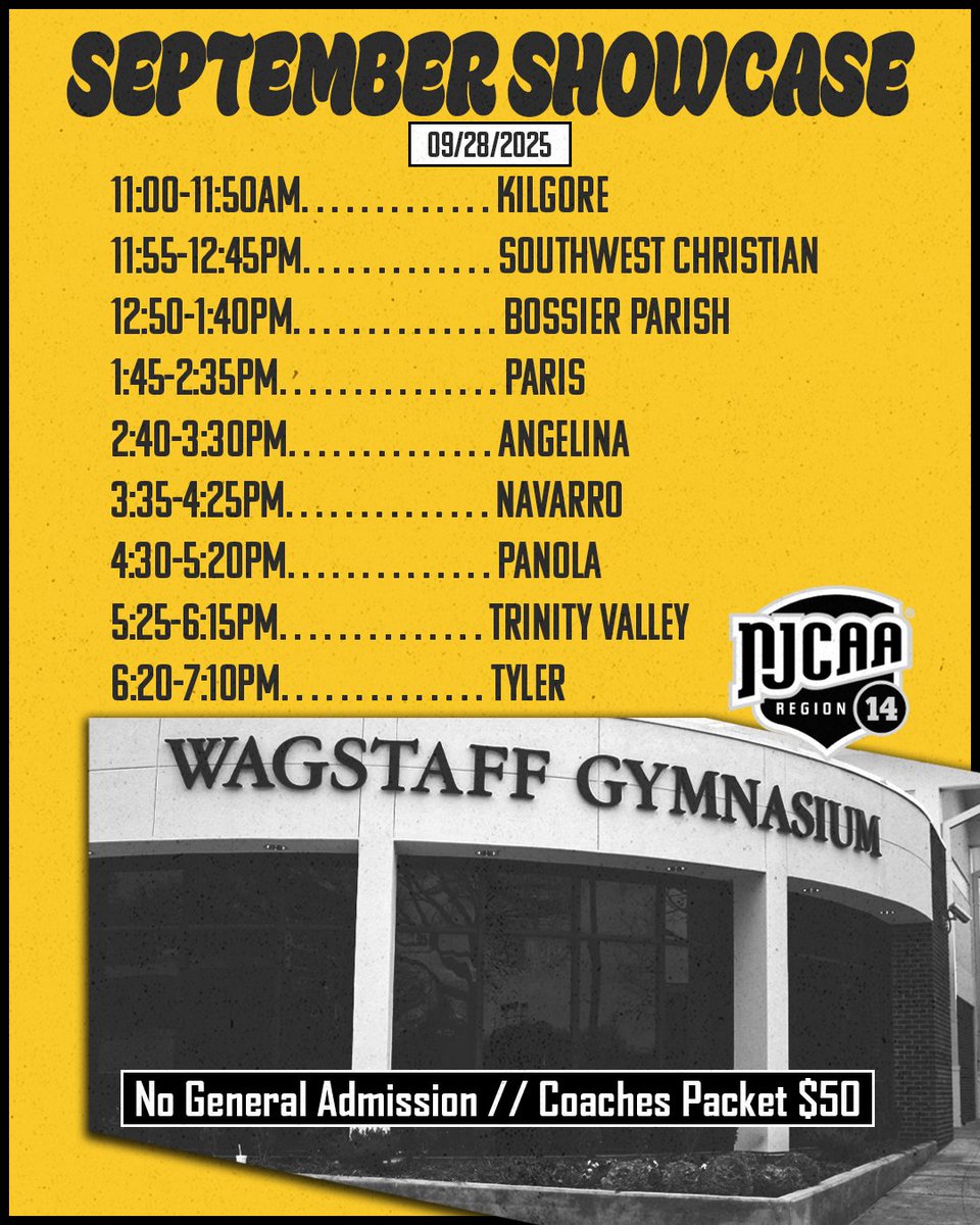 Attention college coaches! <a href="/bpcc_basketball/">BPCC Men's Basketball</a> will be at the NJCAA Region XIV Practice Showcase THIS Sunday, Sept. 28, in Tyler, TX. Come see our athletes in action. #NJCAA #RegionXIV #GoCavs #SwordsUp #BPCCproud #goLCTCS