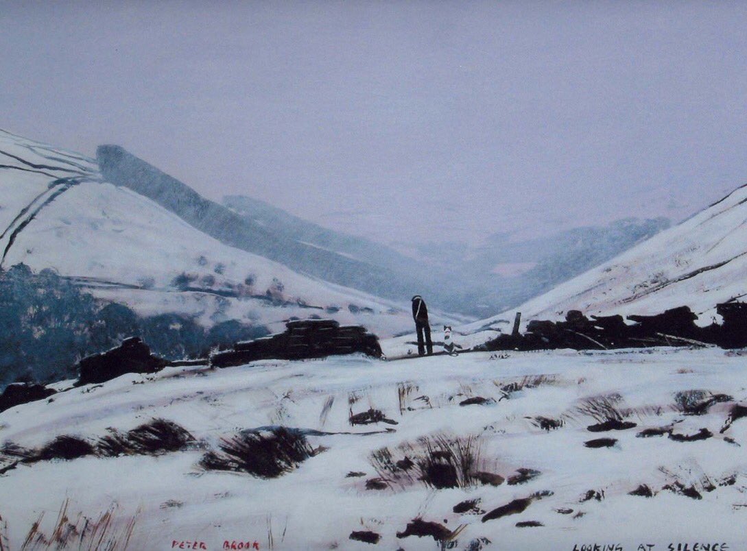 ‘Looking at Silence’, an interesting concept, is a painting with an almost spiritual feel to it. Peter Brook, standing motionless with Shep in a gap in the wall, is clearly moved by the vast empty landscape before him, the mist moving down the valley adding to the atmosphere.