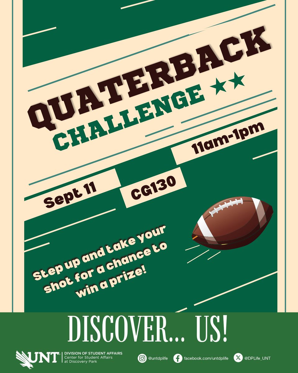 Step up to our Quarterback Challenge and see if you have the skills it takes to be a star! Anyone who participates in our challenge will get an amazing prize! 📷

🗓️ September 11
⏰ 11am-1pm
📍 CG130