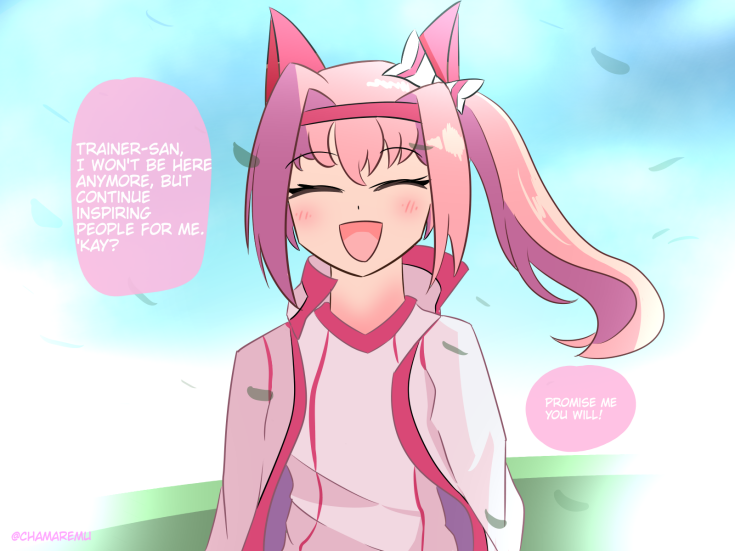 ChamaRemu's tweet photo. Fly high, Haru Urara. You inspired me to never give in to my sorrows and I will miss that sweet smile of yours. ❤️🌸

#haruurara #umamusume #umamusumeprettyderby #ハルウララ https://t.co/0gYGVZwaCr