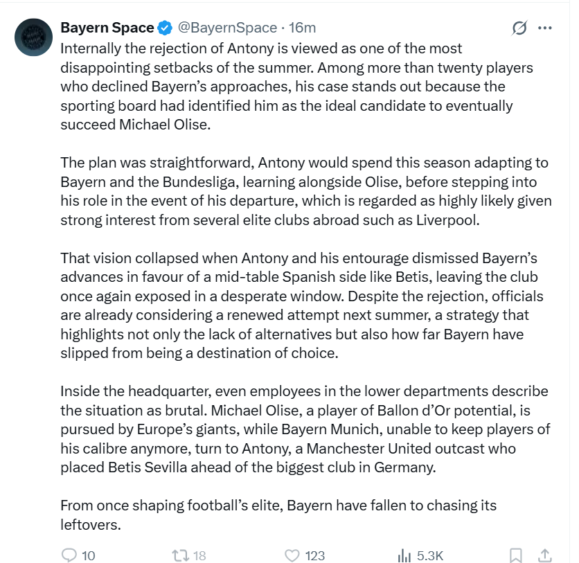 Another day, and a second lie for <a href="/BayernSpace/">Bayern Space</a> .

This time, it's in regard to Antony. It is true that Antony rejected Bayern Munich and there are two reasons why:

1. Bayern only wanted a loan and reached out on the final day, after Chelsea decided to recall Nicholas Jackson