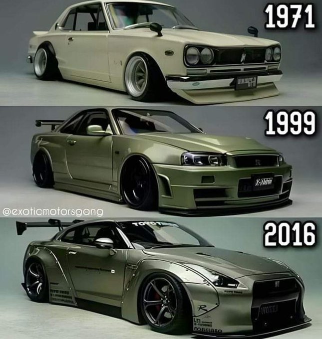 Three Nissan GTR cars in a vertical lineup. The top car, labeled 1971, is a beige coupe with round headlights and a classic design. The middle car, labeled 1999, is a green coupe with sharp headlights and a sporty body. The bottom car, labeled 2016, is a modified green coupe with wide fenders, large wheels, and a prominent rear wing. A watermark from @exoticmotorsgang is visible.