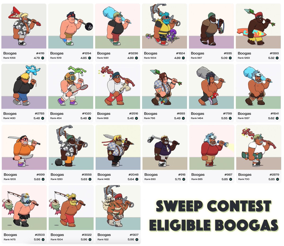Boogas's tweet image. Back by popular demand… our SECOND SWEEP CONTEST is LIVE!

Ready to claim your next Collection Badge? Here’s what you need to know:

😎 21 Eligible Boogas are listed (see image)

🎯 6 Bounties up for grabs (worth 100–500 Booga Points (BPs))

💎 Every Booga bought = 75 BPs

⚡…