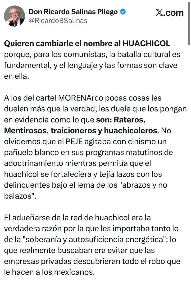 Tiene razón Don <a href="/RicardoBSalinas/">Don Ricardo Salinas Pliego</a>.

Durante 6 años difundieron la imagen de su pañuelo blanco hipócrita para decir que ellos no robaban. 

Literal le acaban de robar hasta a la Marina el prestigio.

Les urge cambiar nombres para que en su discurso hablen de otra cosa y no de sus