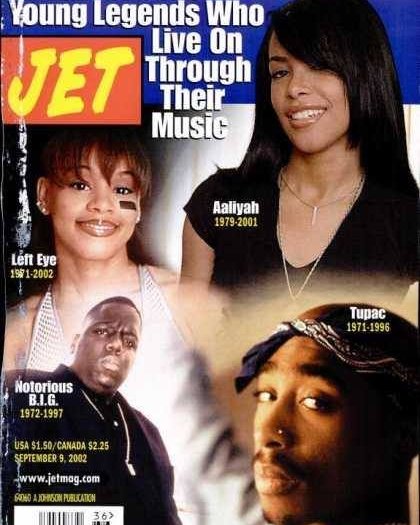 hkb73's tweet image. Aaliyah, Left Eye, Biggie, and Tupac on the cover of the September 9, 2002 Jet Magazine. 
.
.
#aaliyah #ripaaliyah #riplefteye #riptupac #ripBiggie