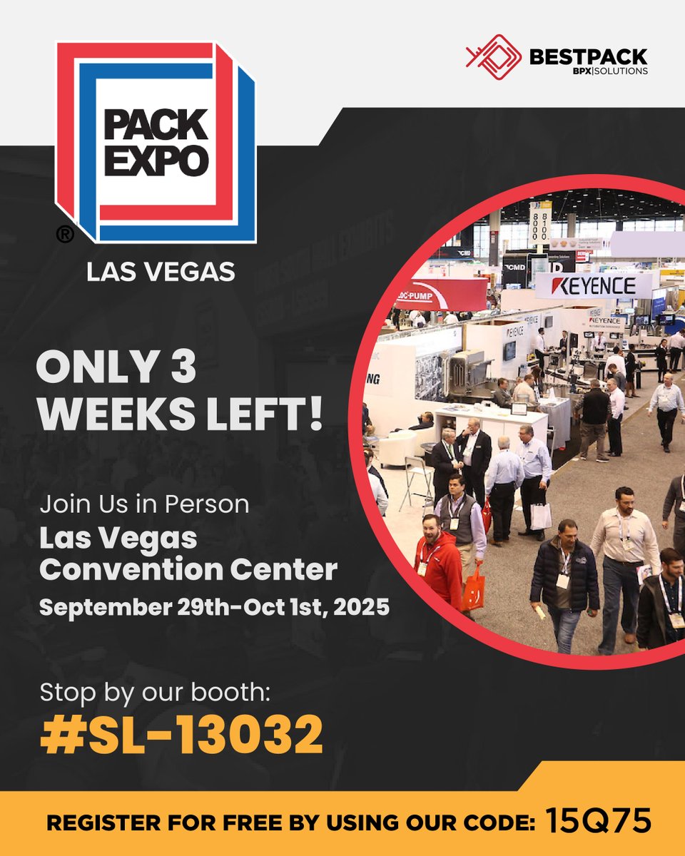 🚨 PACK EXPO is almost here! 🚨 

Meet BestPack experts at Booth SL-13032, Sept 29–Oct 1 in Vegas. From sealing to shrink, automation to support—we’ve got you covered! 

🎟️ Register FREE w/ code 15Q75: bit.ly/46l7AMX