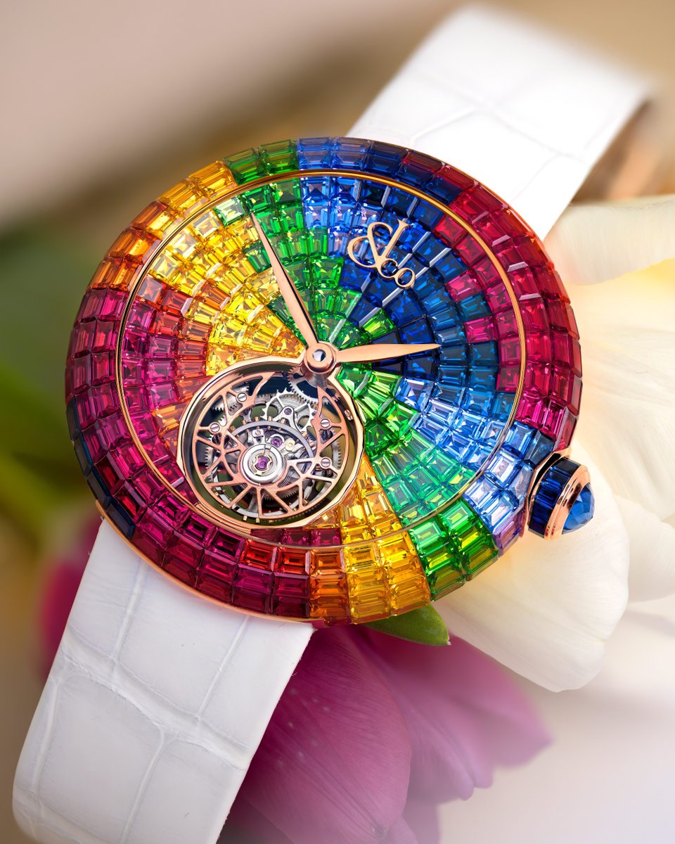 _Jacobandco's tweet photo. nspired by the vibrant spirit of Peru, this Brilliant Flying Tourbillon transforms gem-setting into pure artistry.

A kaleidoscope of color wraps the case and dial, while the movement inside glows with diamonds and the quiet power of a flying tourbillon.

47-mm rose gold case
Case and dial invisibly-set with 338 mutli-colored, baguette-cut sapphires (37.25 ct.)
Hand-wound movement set with 338 brilliant-cut diamonds (1.32 ct.)
Flying tourbillon

#JacobAndCo #Inspiredbytheimpossible