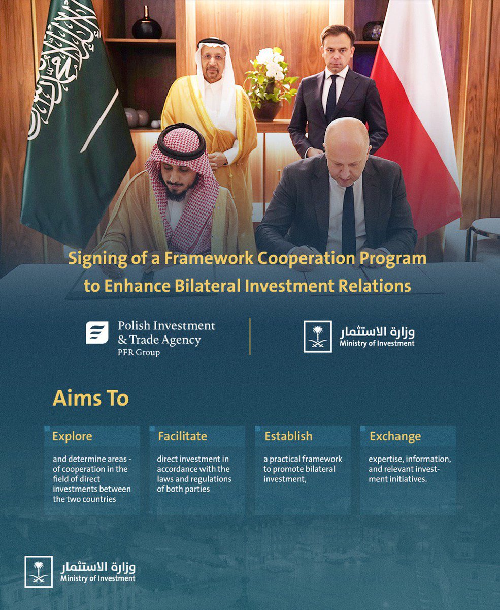 وزارة الاستثمار (@misa) on Twitter photo With HE <a href="/Khalid_AlFalih/">خالد الفالح | Khalid Al Falih</a> and Polish Minister of Finance and Economy Andrzej Domański in attendance, MISA signed a Framework Cooperation Program at the #SaudiPolishInvestmentForum 2025 with the Polish Investment and Trade Agency to strengthen investment ties. With HE <a href="/Khalid_AlFalih/">خالد الفالح | Khalid Al Falih</a> and Polish Minister of Finance and Economy Andrzej Domański in attendance, MISA signed a Framework Cooperation Program at the #SaudiPolishInvestmentForum 2025 with the Polish Investment and Trade Agency to strengthen investment ties.