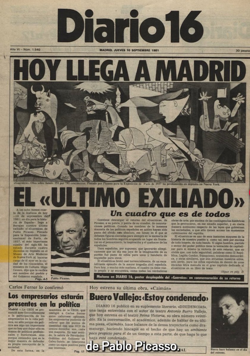 Oggi 44 anni fa tornava in Spagna l’ultimo esiliato della guerra civile spagnola: il #Guernica di Pablo Picasso.