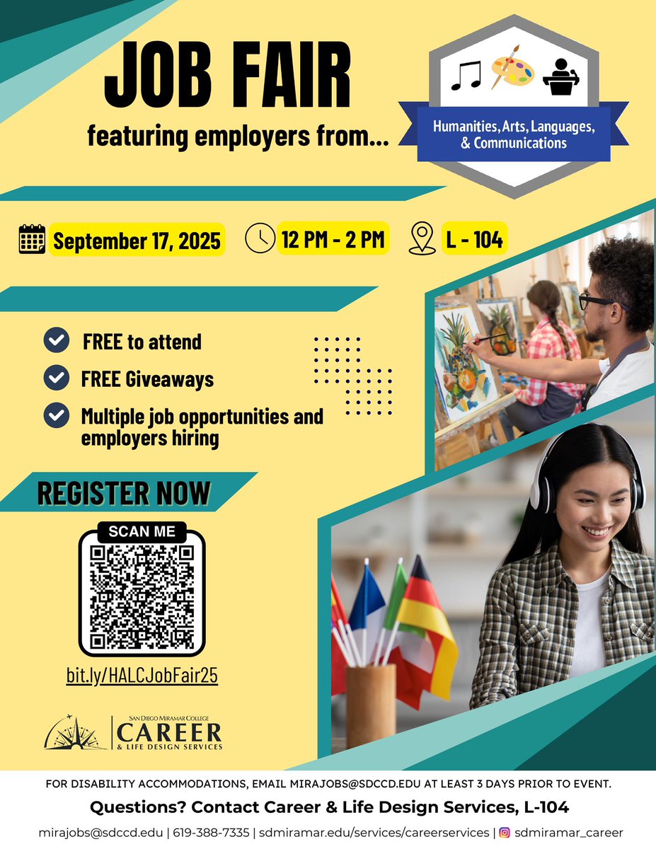 🎨✨ Calling all Humanities, Arts, Languages &amp; Communications majors! Explore career paths &amp; connect with employers at our Career Fair on September 17th,12–2 PM. Don’t miss your chance to network and shine! #CareerFair #ArtsAndHumanities #HALC