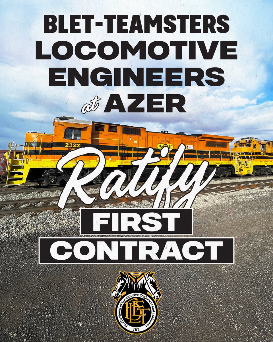 Teamsters's tweet image. Locomotive engineers at Arizona Eastern Railway (AZER) represented by the BLET of the Teamsters Rail Conference have unanimously ratified their first collective bargaining agreement.

The new five-year BLET agreement secures significant improvements including wage increases,…