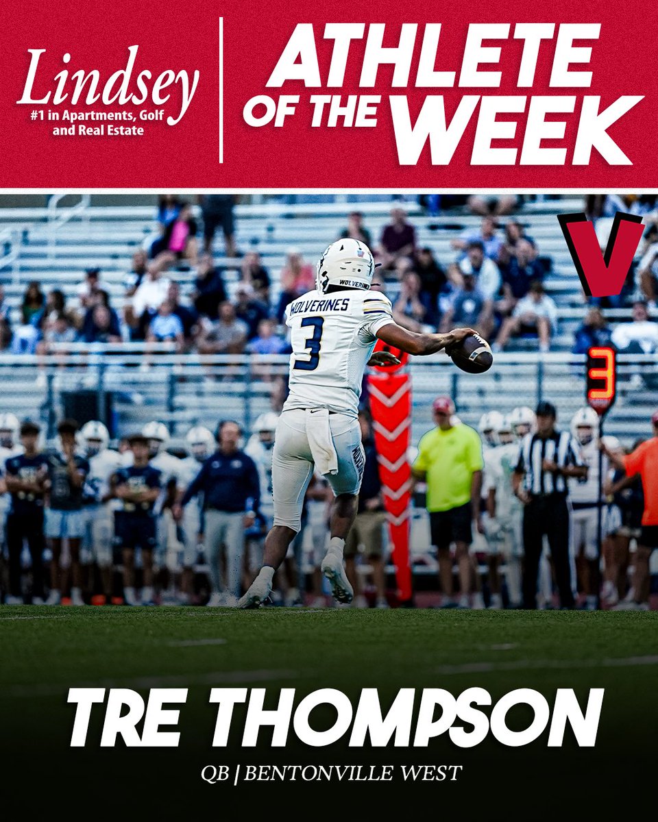 VarsityVibeAR's tweet image. Bentonville West QB Tre’ Thompson is the Lindsey Male Athlete of the Week! 🏆🏈

He put on a show against Cabot, throwing for 386 yards and 6 touchdowns in the first half alone!