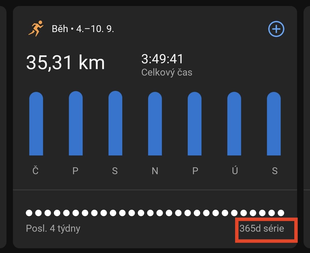 ROK V BĚHU ❤️
Začalo to nenápadně. Garmin má odznáček Série běhu - 30 dní po sobě nejméně milova aktivita běhu. Pustila jsem se do něj, že si to protahnu do Adventního běhání. A pak už nešlo tu sérii zahodit. 
365 dní každý den, aspoň na 2, většinou ale na 5km.
JE TO TAM ❤️❤️❤️