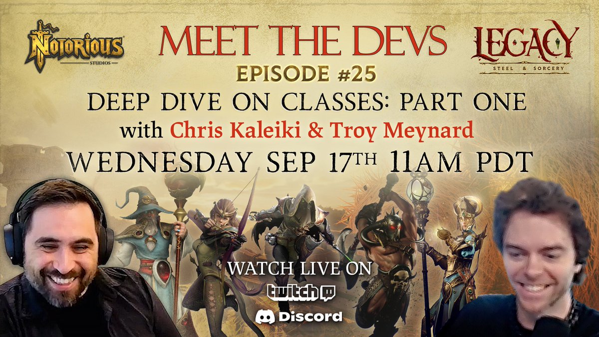 Meet the Devs #25: Deep Dive on Classes - Part One coming next week, September 17th at 11 AM PDT! 📅 

Join us on Twitch or Discord to learn new ways to maximize your favorite class, from taking down Mor’Thog to dominating in PvP. ⚔️

🔥 twitch.tv/notoriousstudi…
❄️