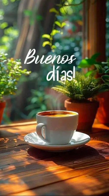 A white ceramic cup of coffee on a saucer, placed on a wooden table. Sunlight streams through a window, illuminating green potted plants in the background. The text "Buenos días" is overlaid in white cursive font.
