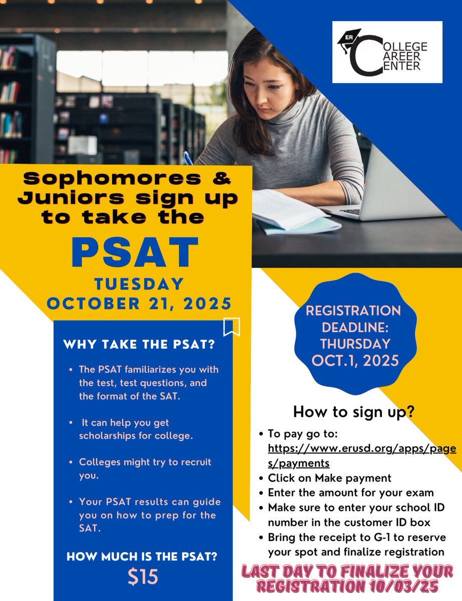 Announcement: PSAT is now open for registrations for sophomores and juniors for a fee of only $15.