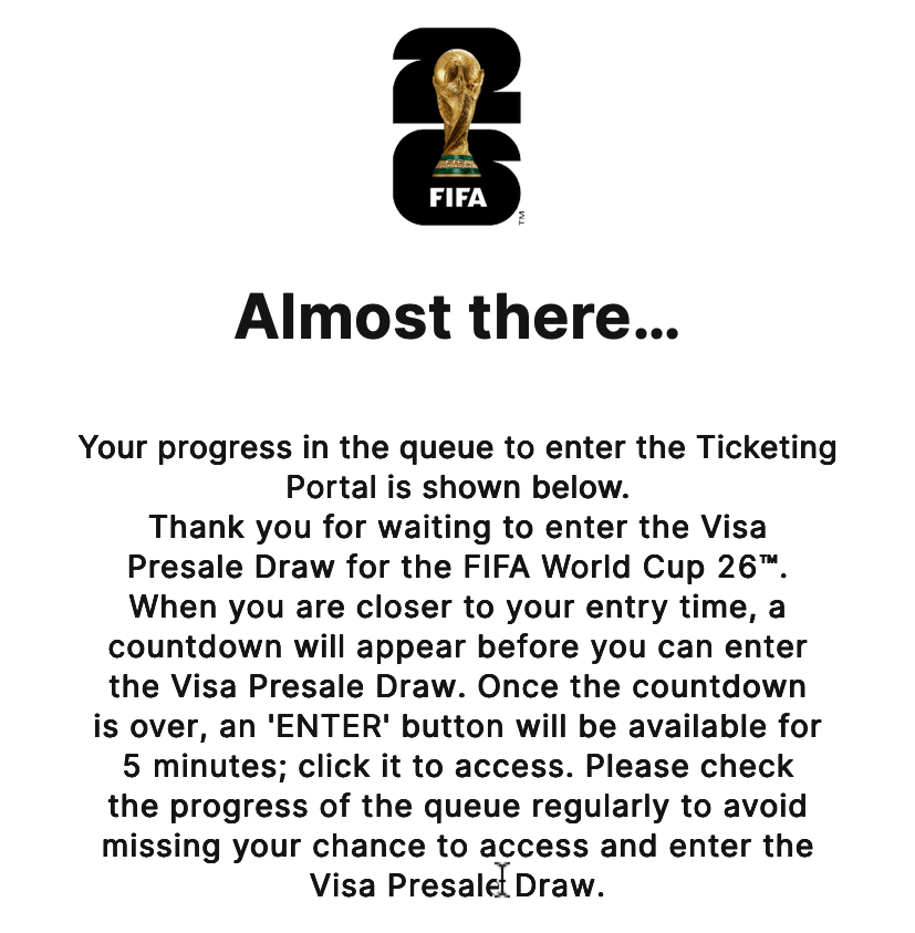 So I'm on the FIFA queue... and then I pressed refresh... and I have no clue for how long.

Any one having any luck? Is you experience like mine?
#FIFAWorldCup2026 #FIFA