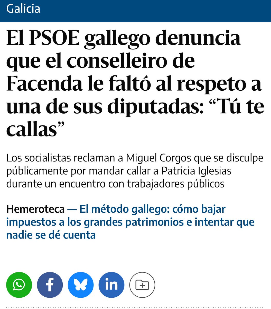 Machistas y matones. Así son en el PP de Galicia los herederos del señor Feijóo. 

Todo mi apoyo a <a href="/P_iglesiasrey/">Patricia iglesias</a> ante estos gestos autoritarios y misóginos. 

El PSOE gallego denuncia que el conselleiro de Facenda le faltó al respeto a una de sus diputadas: "Tú te