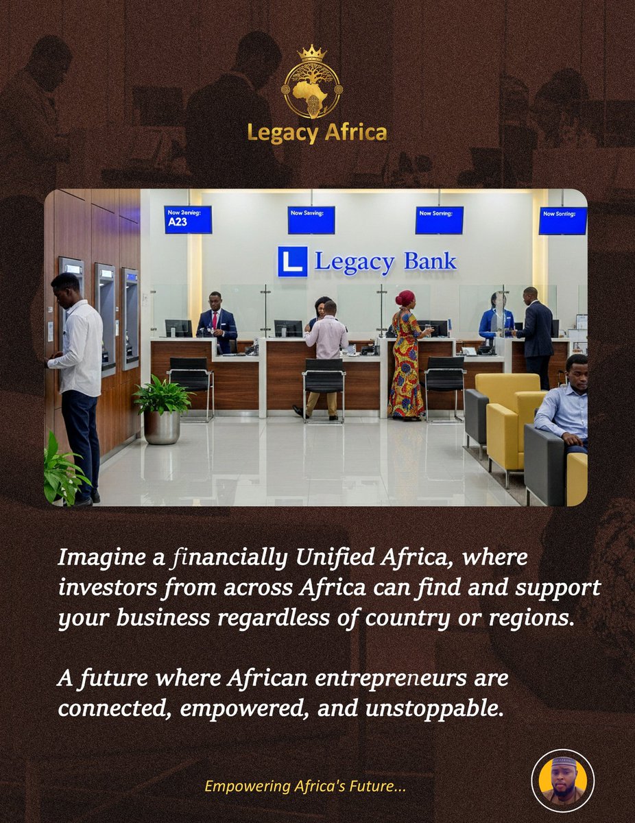 LegacyAfricaa's tweet photo. Imagine a future where money knows no borders. A future where a great business idea can get funding from anywhere in Africa. This is the power of a financially unified continent.

This is the future we are building for our entrepreneurs.

#LegacyAfrica #ImagineSeries https://t.co/cJADDzGLUI