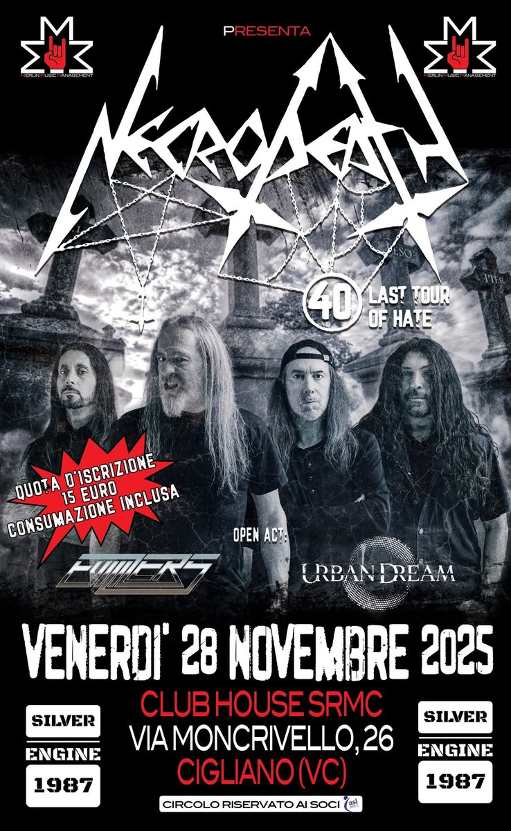 Venerdì 28 novembre 2025. Save the date! Necrodeath ultima volta in Piemonte.
Merlin Music Management
#necrodeath #thelasttourofhate #40thanniversary #thrashblackmetal #italianthrashblackmetal #since85