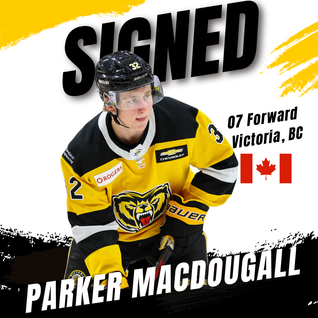 We are excited to announce the signing of local product Parker MacDougall.

Parker is a South Island Royals and PCHA alumnus who split last year between BCEHL U18 &amp; the WHL (Red Deer).

A warm Grizzlies welcome to you and your family, Parker!

#bearcountry #signed #bchl