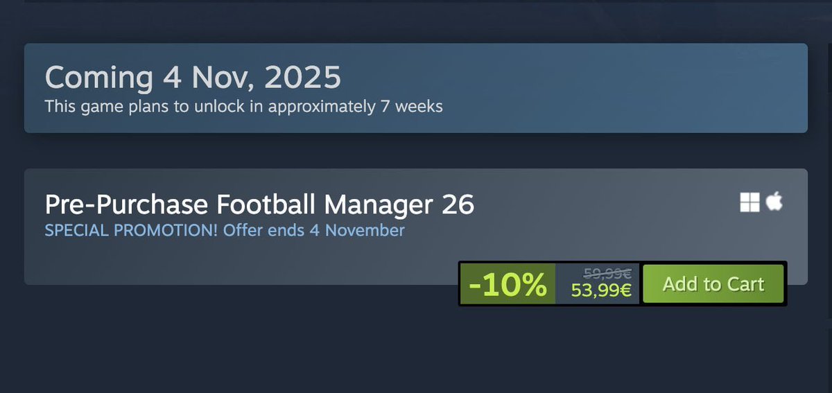 FM26 official release date is showing on Steam as November 4th, which means the Beta version will be available at the start of October. 

We are so back.